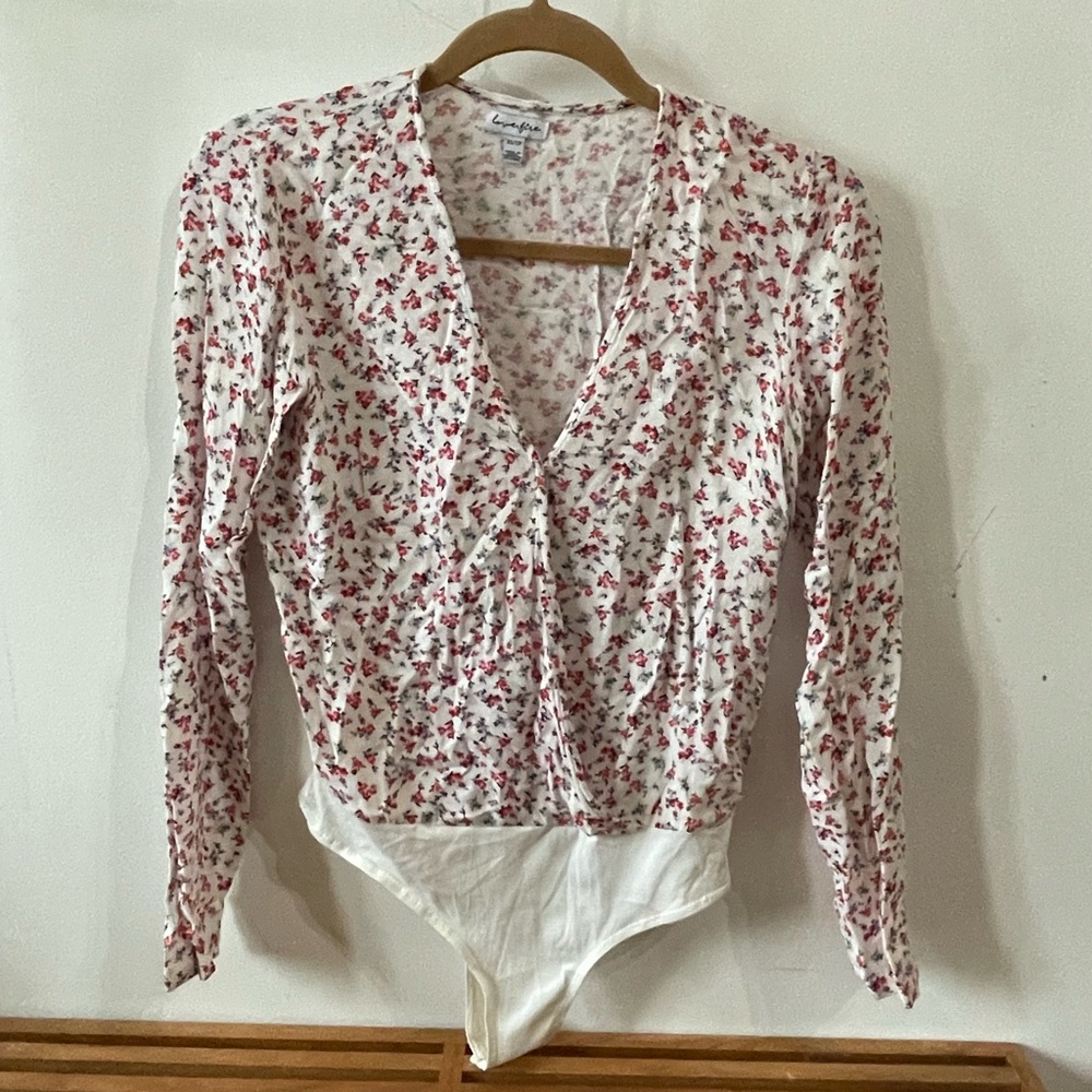 Free People Cream Long Sleeve Wrap Bodysuit